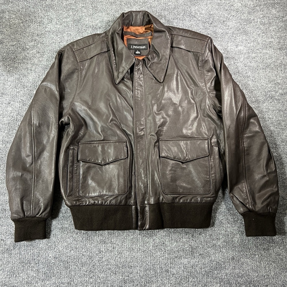 J Peterman Mens Genuine Leather Bomber Jacket L Brown Aviator Vintage Retro